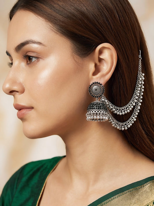 Silver Oxidised Jhumka Earring with Double Layred Chain for Women
