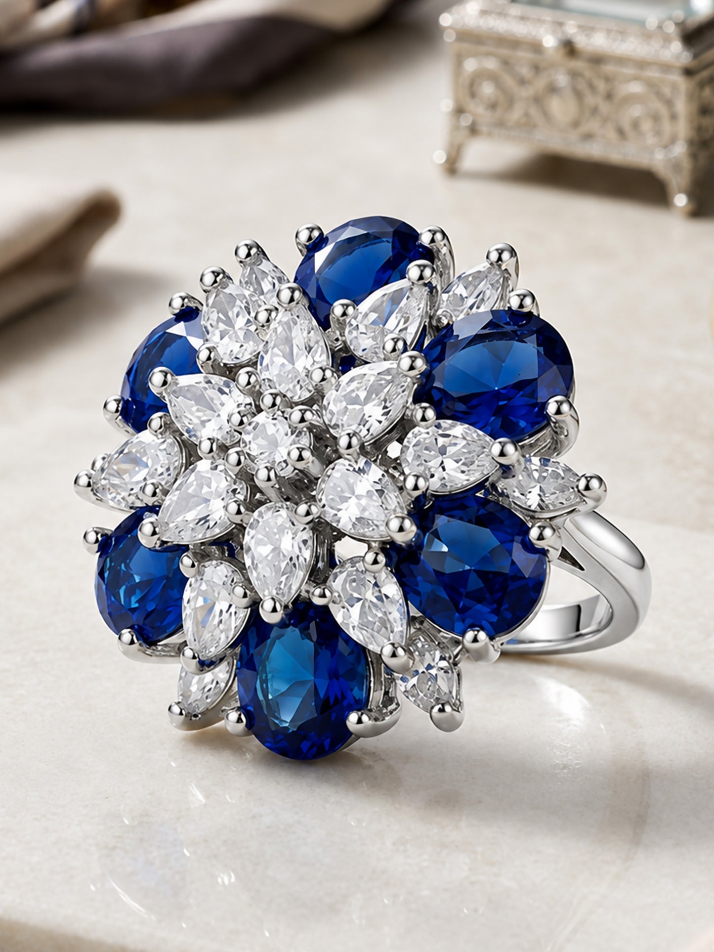 Rhodium Plated Blue AD Finger Ring for Women