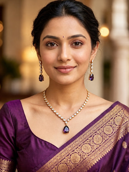 South Indian Gold Plated Purple AD Teardrop Jewellery Set for Women