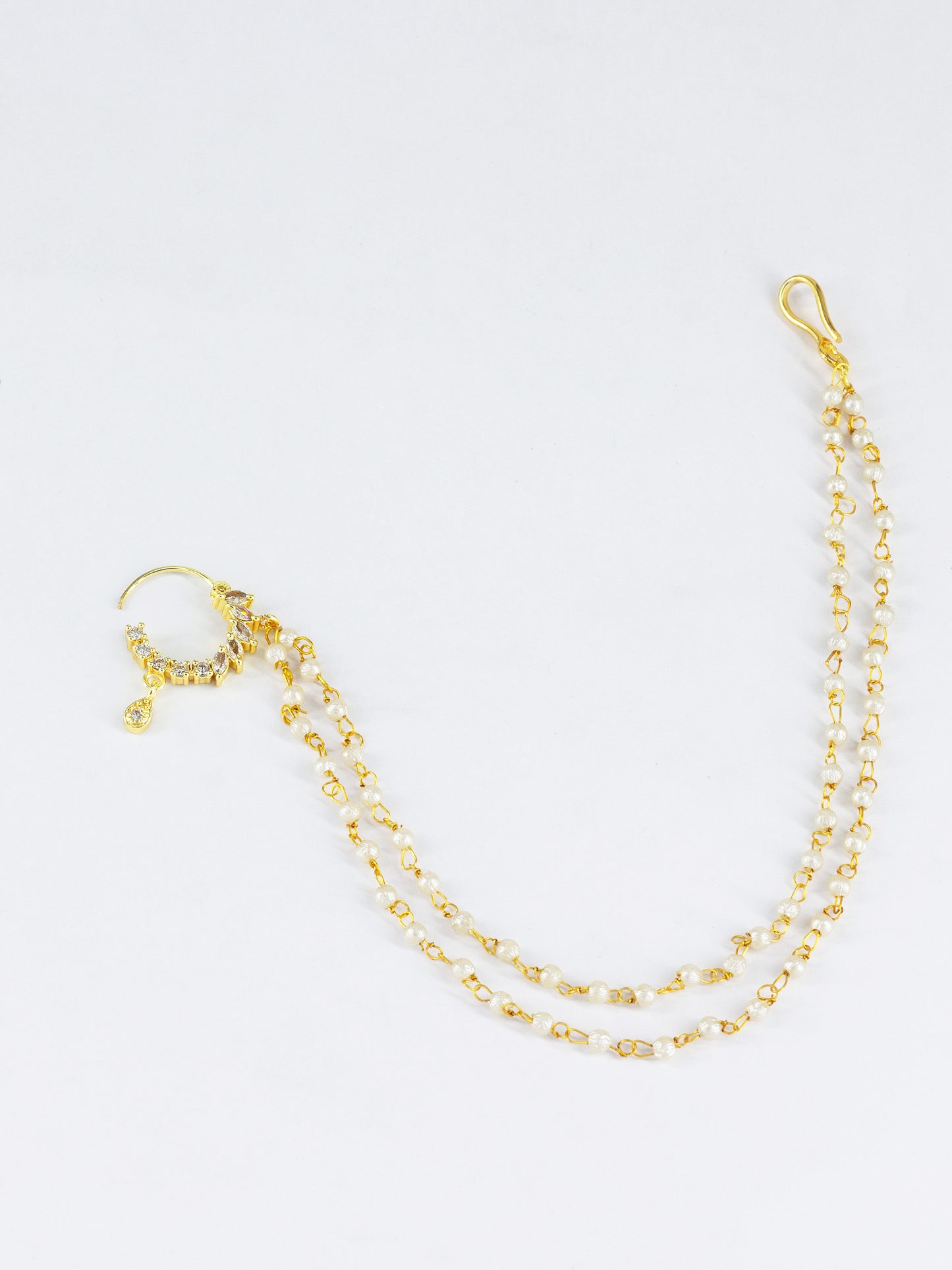 Gold Plated AD Nose Ring with 2 line Pearl Chain