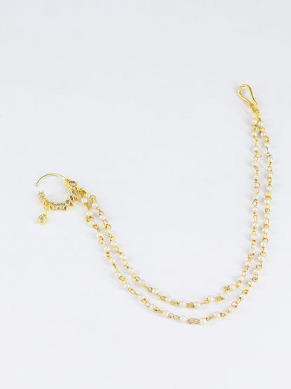 Gold Plated AD Nose Ring with 2 line Pearl Chain