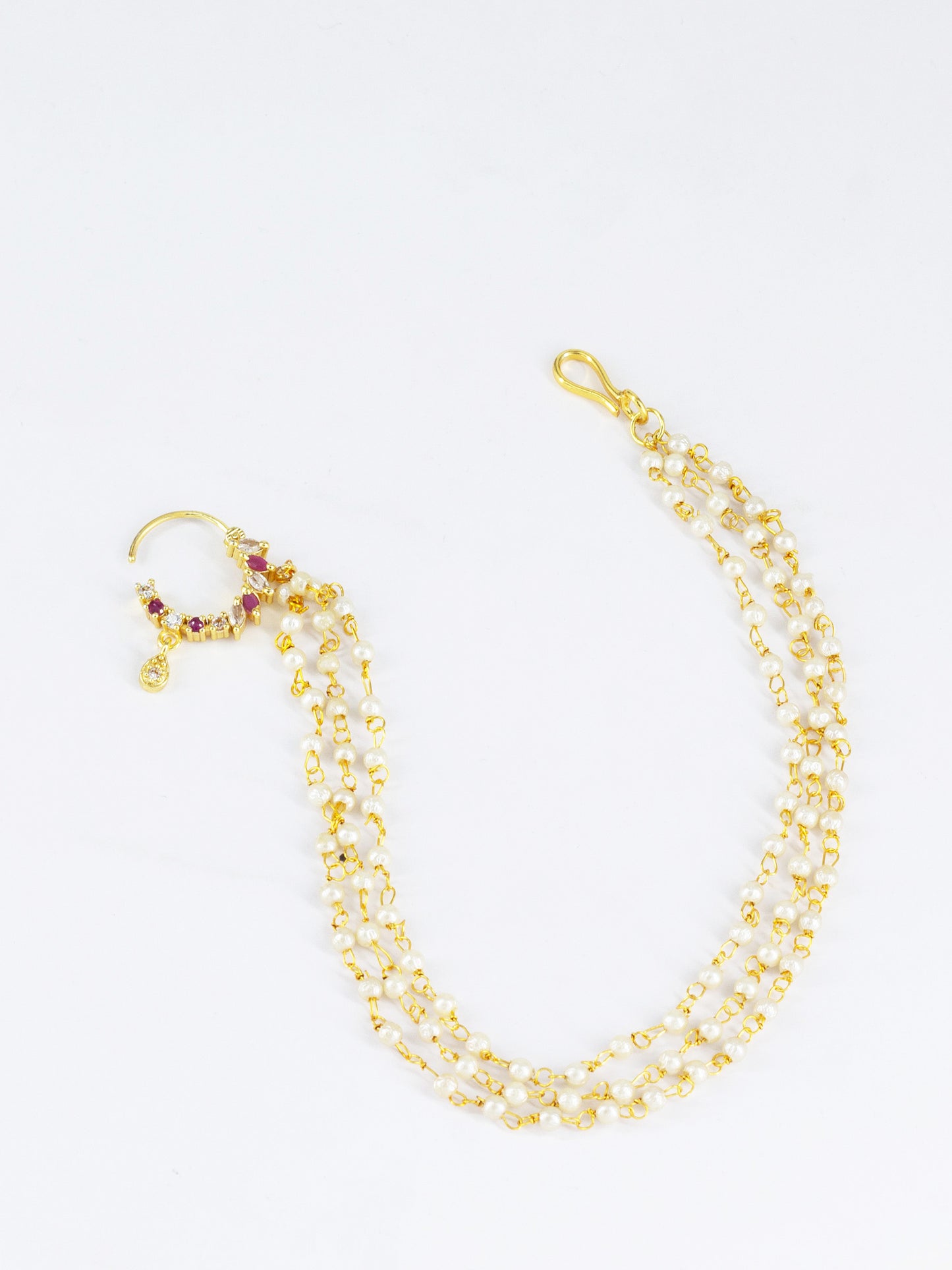 Gold Plated Red AD Nose Ring with 3 line Pearl Chain