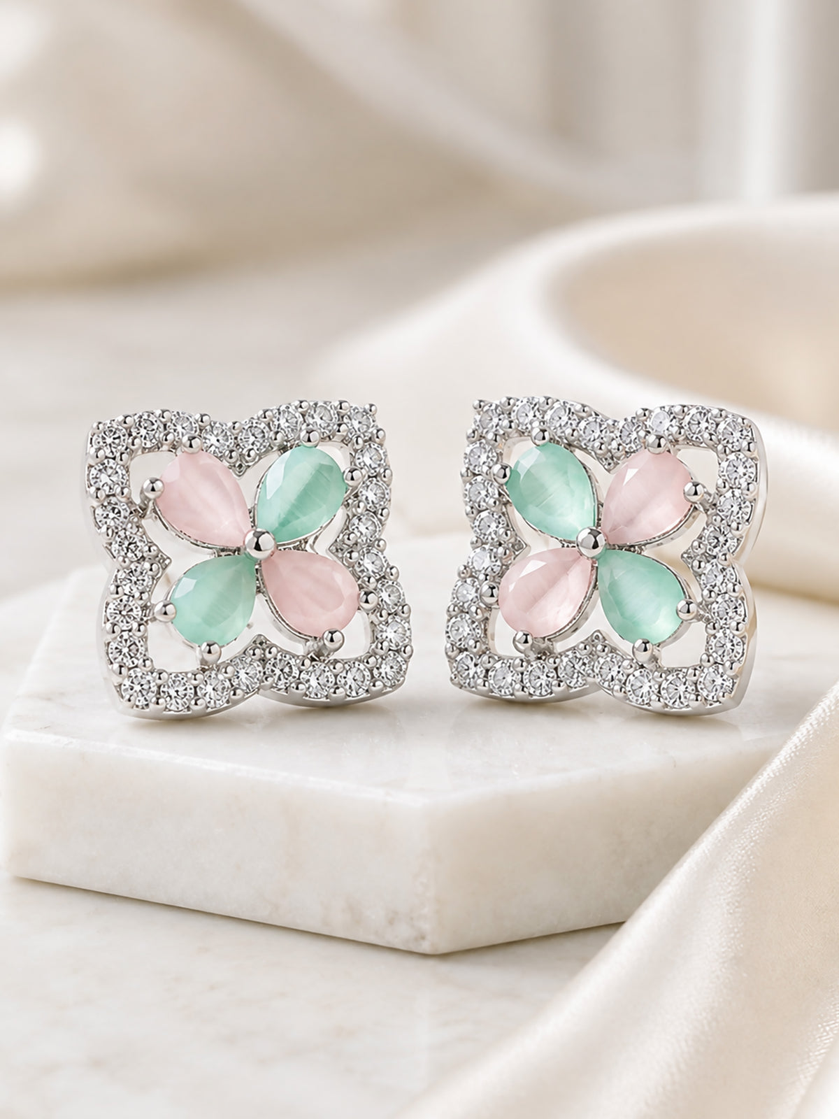 Rhodium Plated Green & Pink AD Stud Earrings for Women