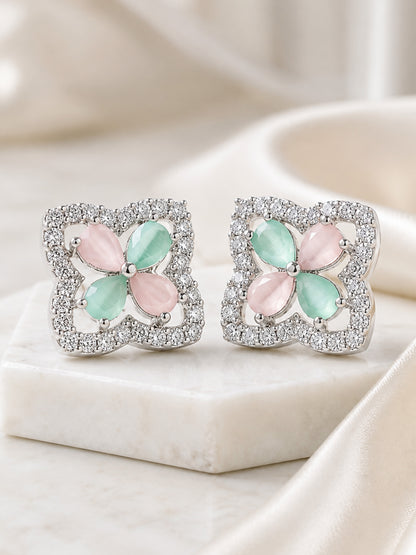 Rhodium Plated Green & Pink AD Stud Earrings for Women