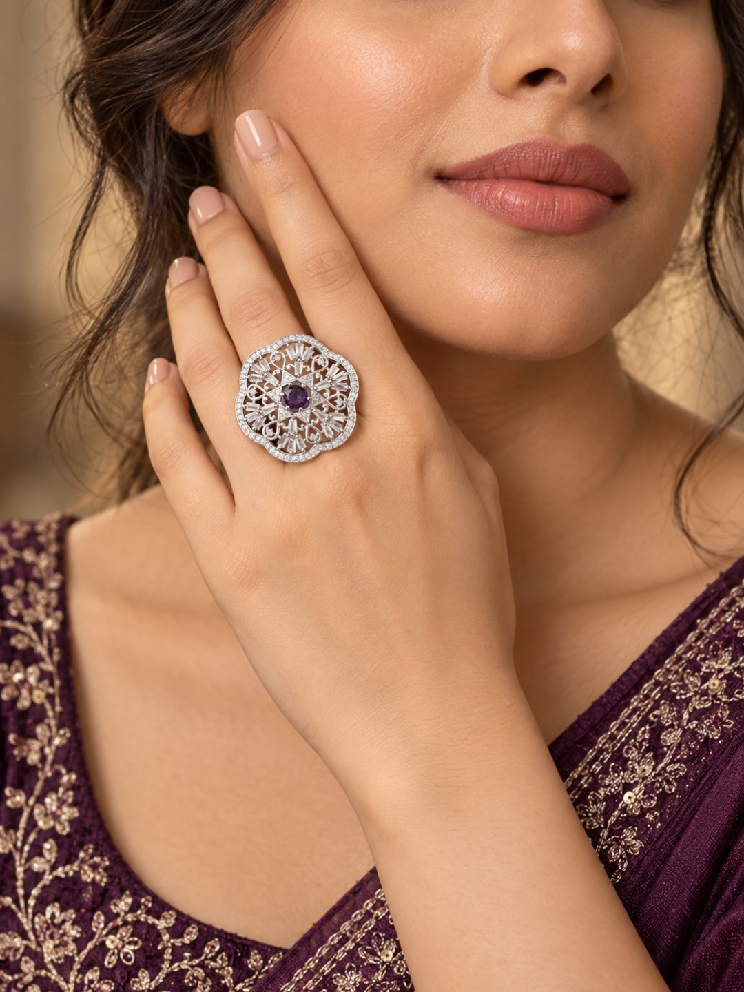 Silver Plated Purple AD Finger Ring for Women