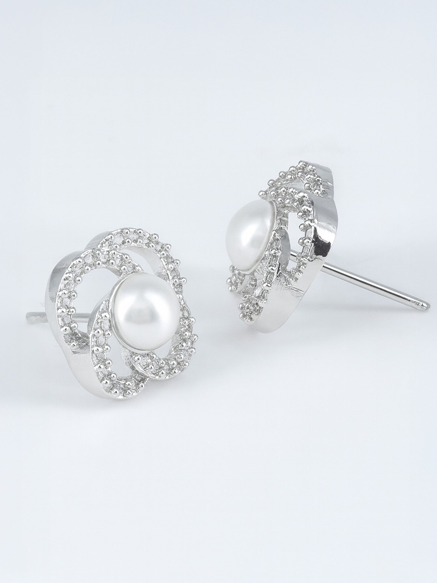 Silver Plated AD Floral Design Stud Earrings for Women