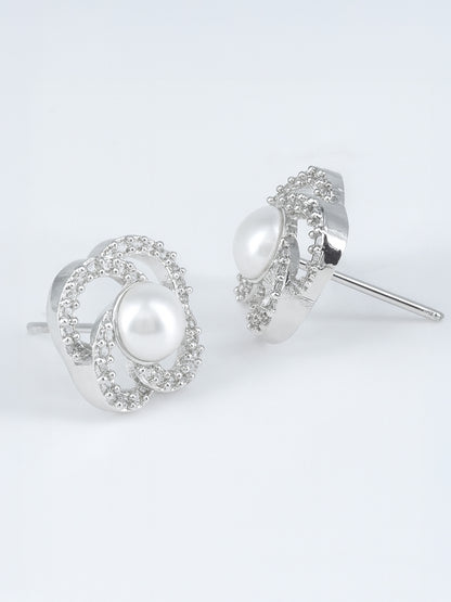 Silver Plated AD Floral Design Stud Earrings for Women