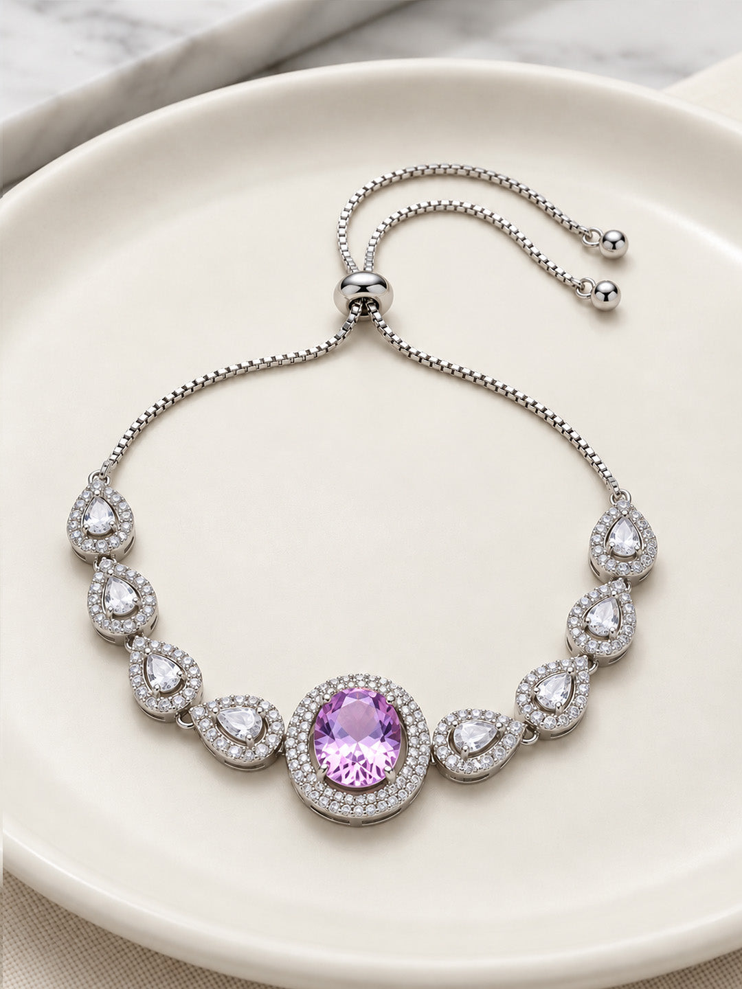 Silver Plated Lavender AD Adjustable Bracelet for Women