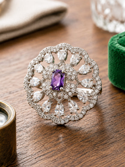 Rhodium Plated Purple AD Finger Ring for Women