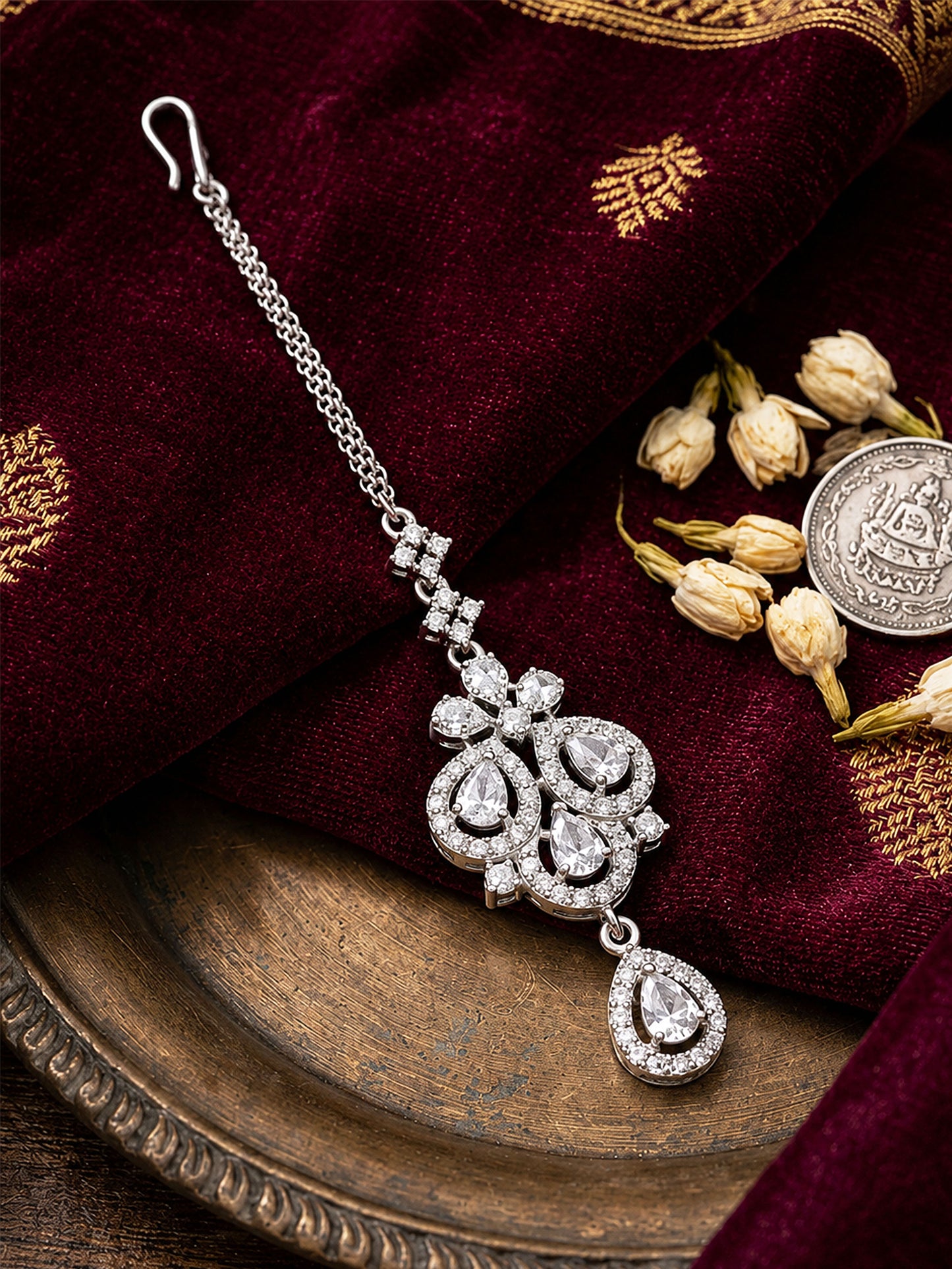 Silver Plated AD Maang Tikka for Women