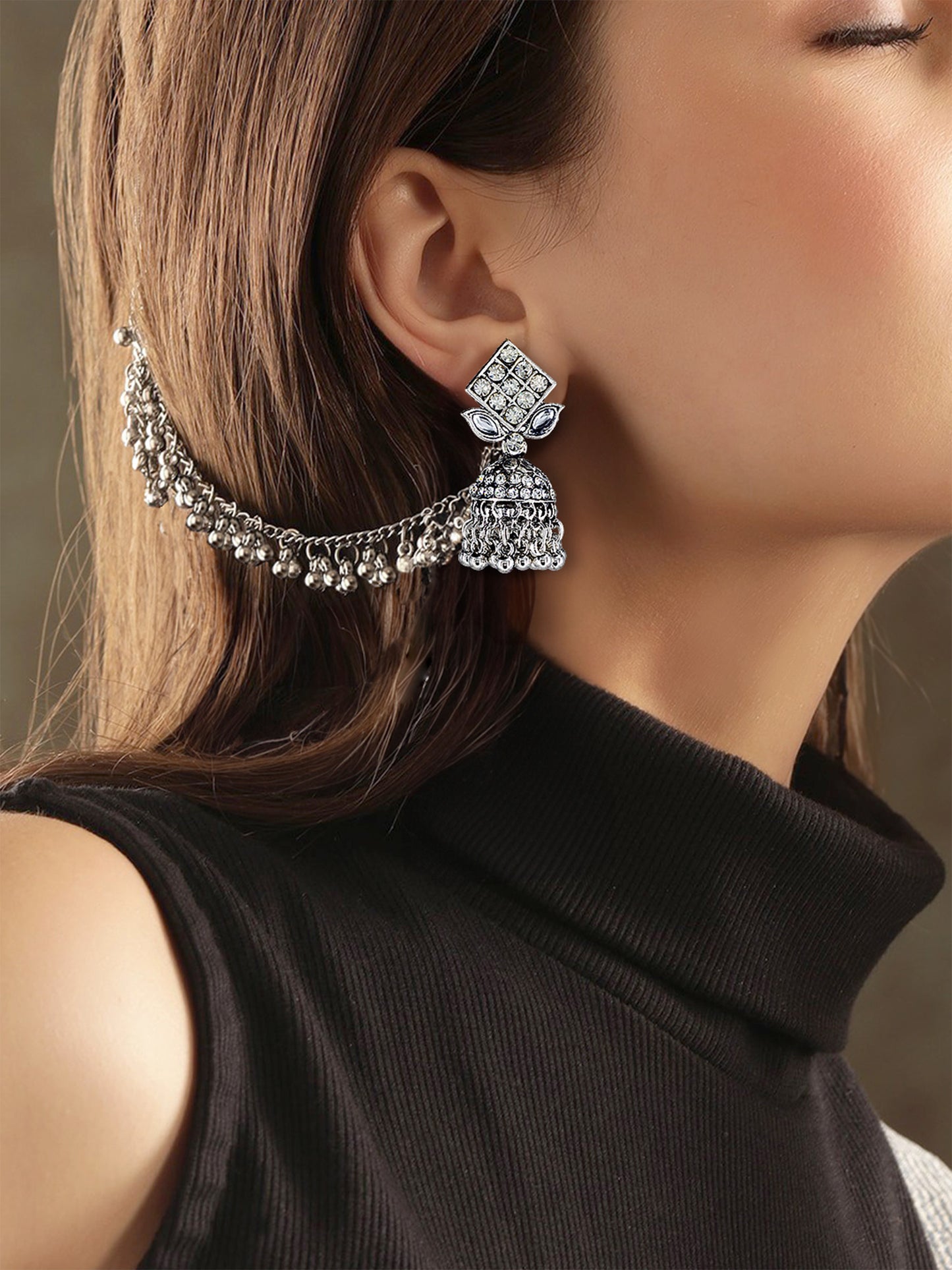 Silver Oxidised Artificial Stone Earrings with Ear Chain for Women