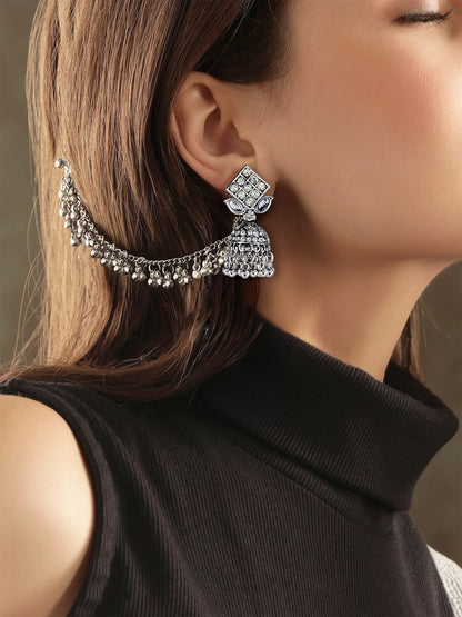 Silver Oxidised Artificial Stone Earrings with Ear Chain for Women