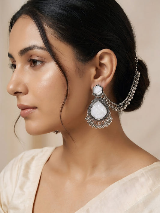 Silver Oxidised White Jhumka Earring with Chain for Women