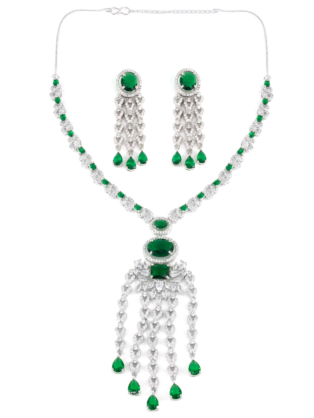 Silver Plated Green AD Designer Jewellery Set