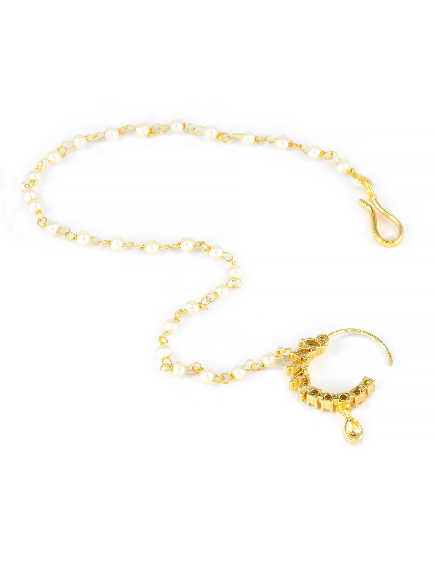 Gold Plated American Diamond & Pearl Beaded Chained Nose ring