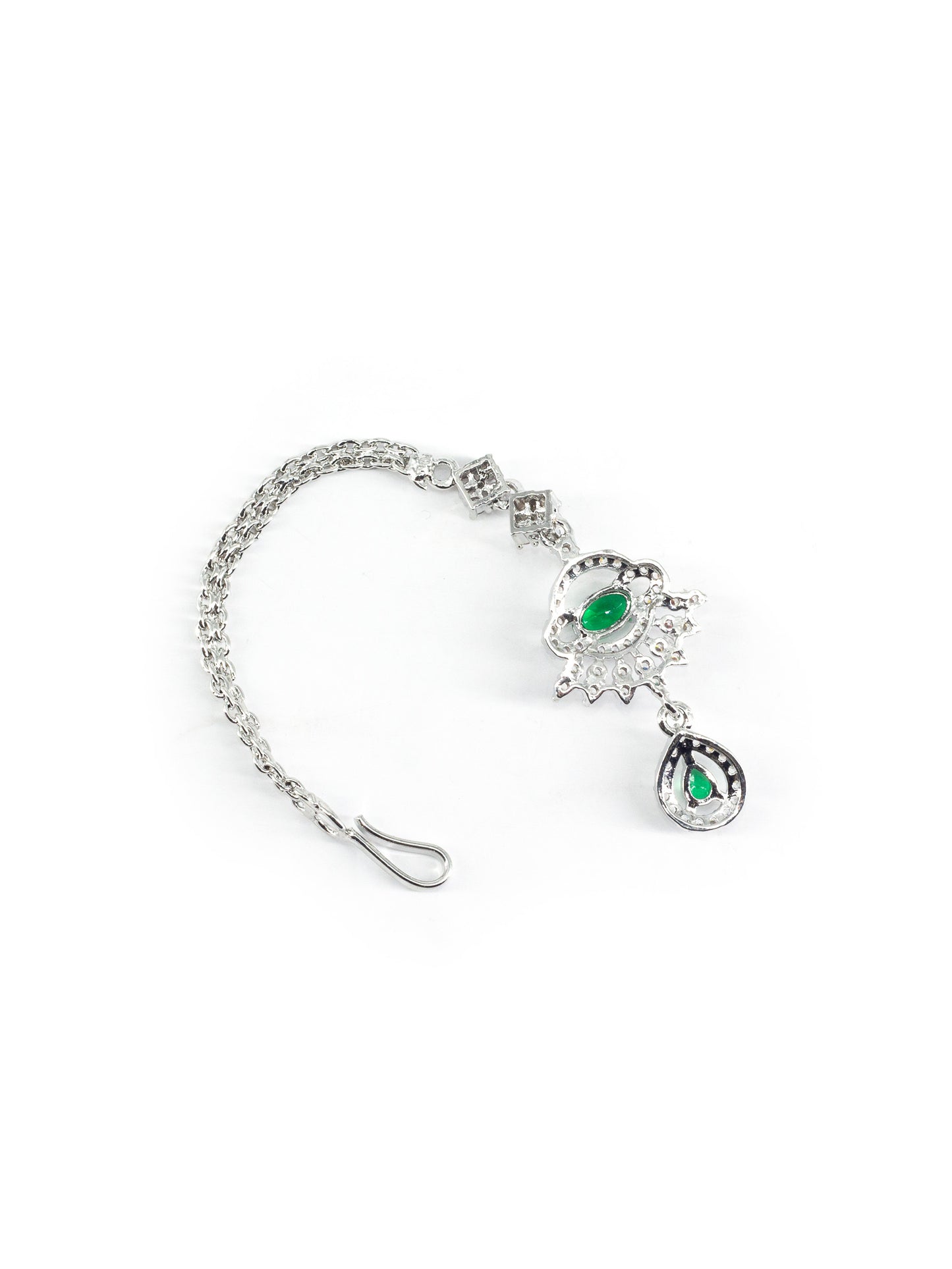 Silver Plated Green AD Drop Maang Tikka for Women