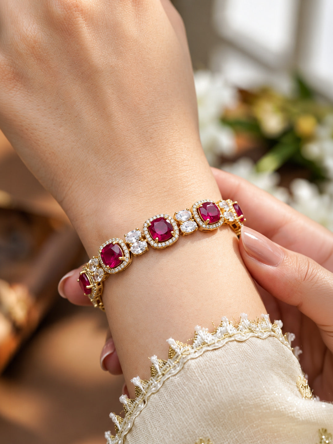 Antique Gold Plated Red AD Adjustable Bracelet for Women