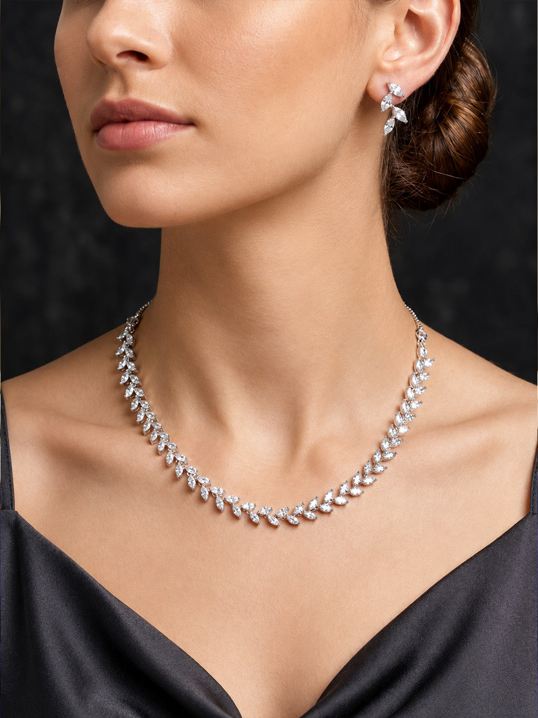 Silver-Plated Leaf American Diamond-Studded Jewellery Set