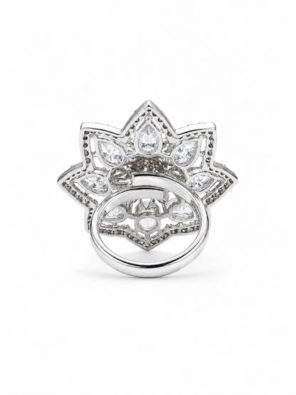 Silver Plated AD Floral Finger Ring for Women