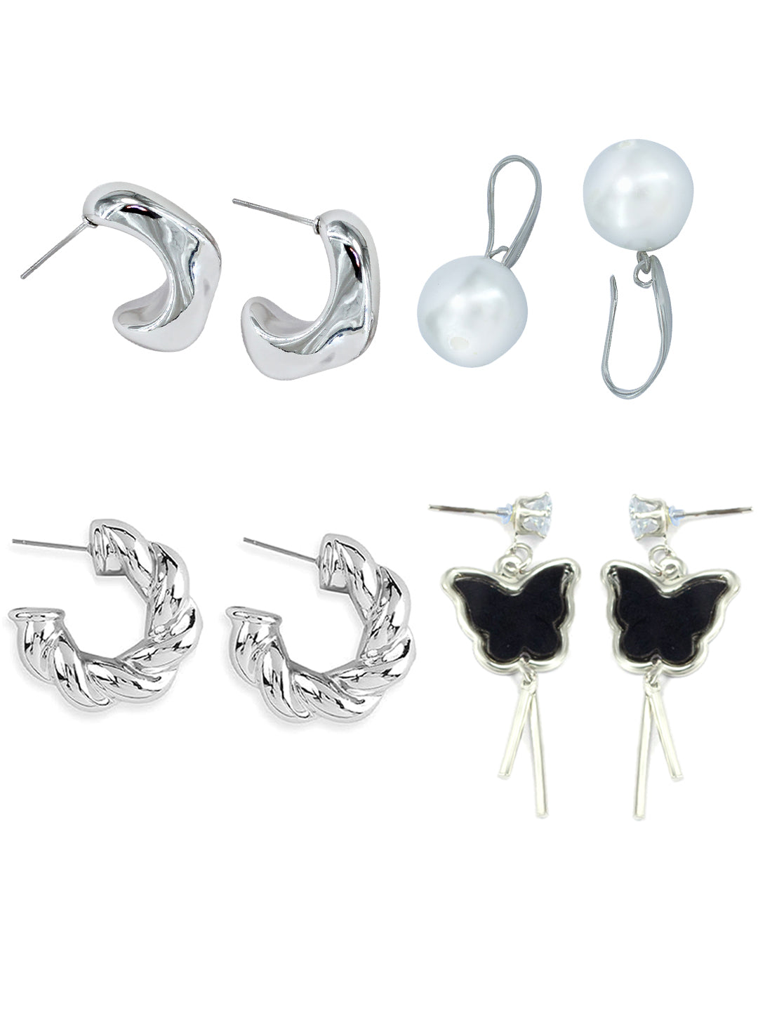 Set of 4 Silver-Plated Quirky Half Hoop & Drop Earrings