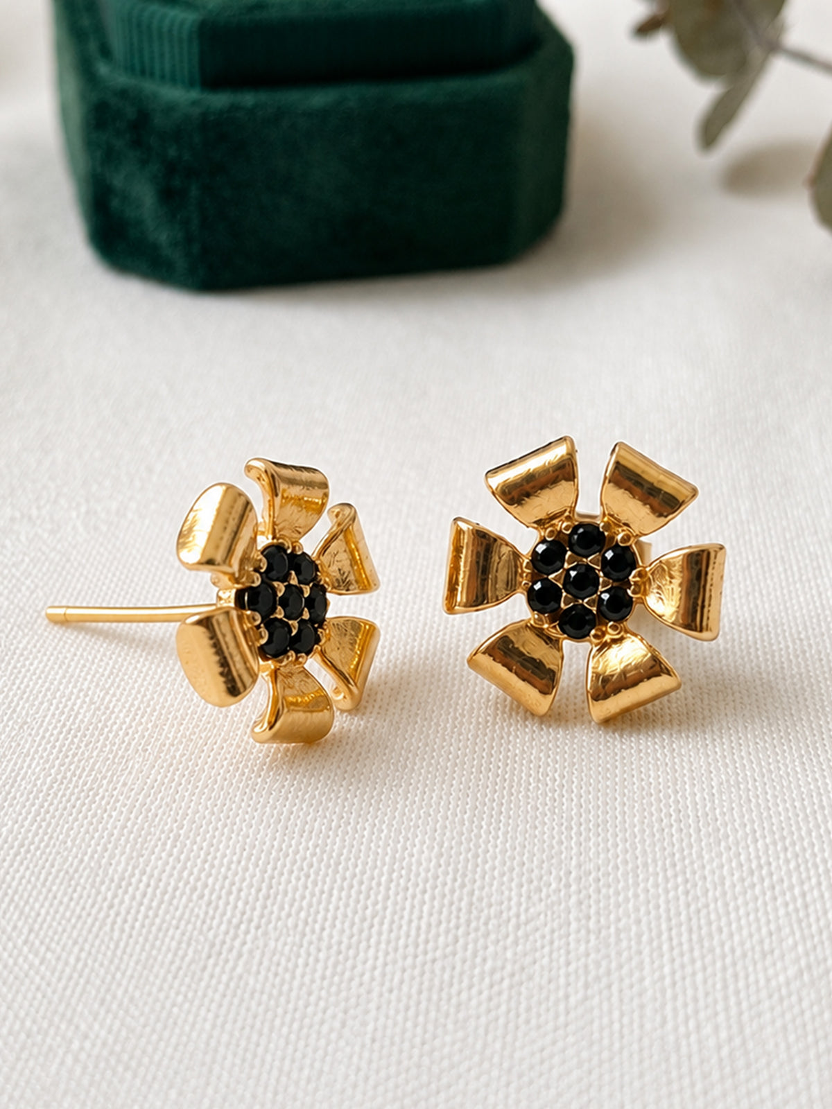 Gold Plated Black AD Floral Stud Earrings for Women