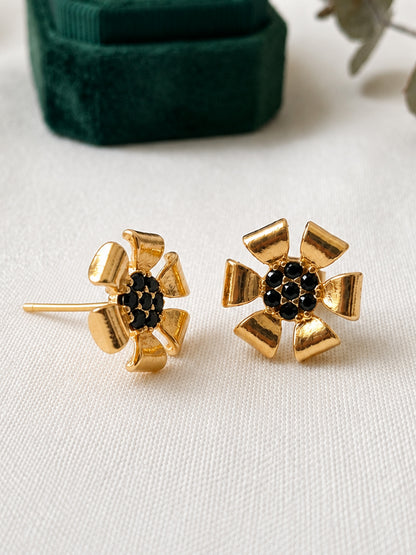 Gold Plated Black AD Floral Stud Earrings for Women