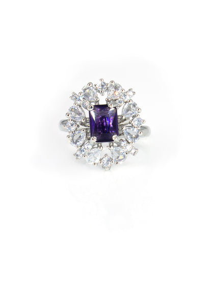 Silver-Plated American-Diamond Purple Adjustable Finger Ring