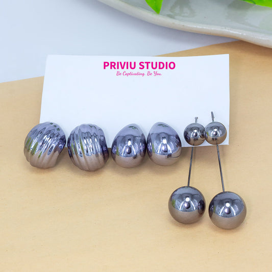 Pack of 3 Gun Metal Plated Studs & Drop Earrings