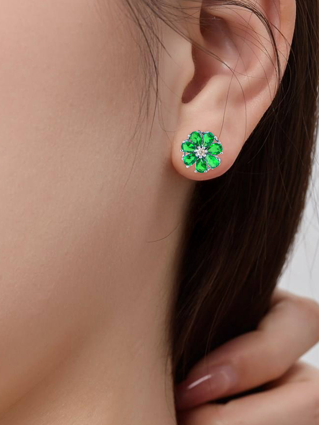 Silver Plated Green Floral AD Stud Earrings For Women
