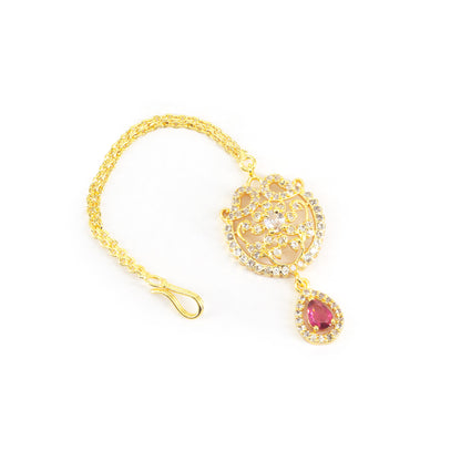 Gold Plated Red AD Floral Maang Tikka for Women