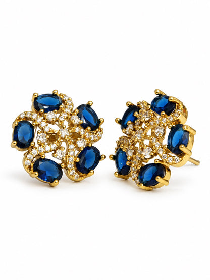 South Indian Gold Plated Blue AD Floral Stud Earrings for Women