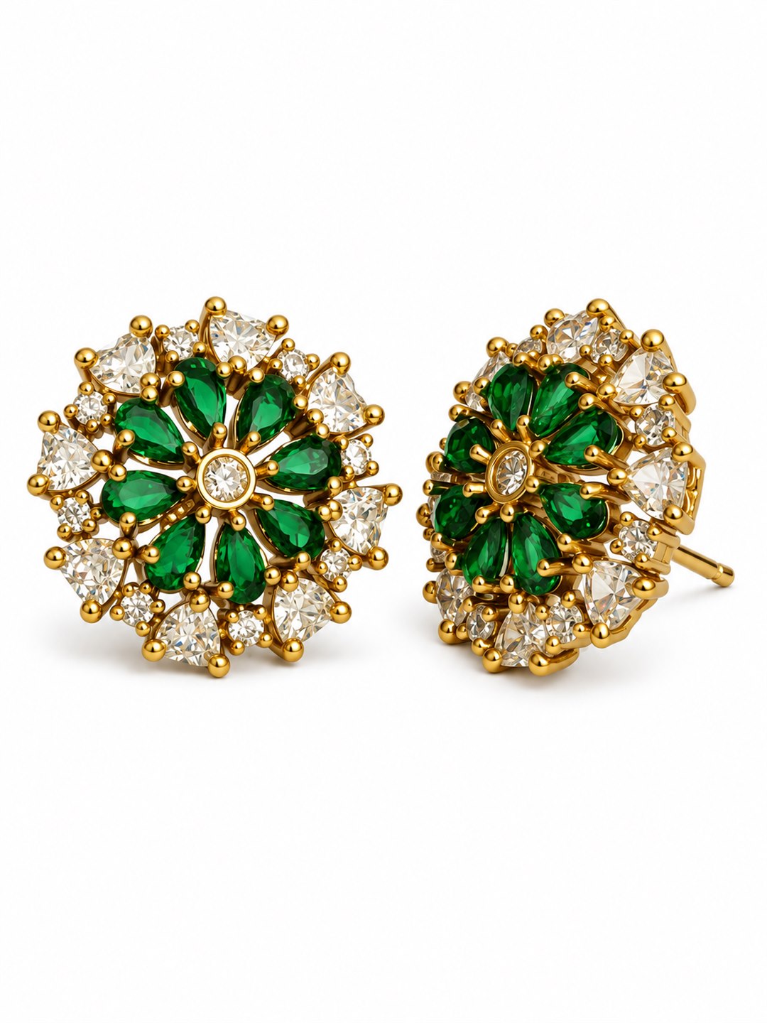 South Indian Gold Plated Green AD Floral Stud Earrings for Women
