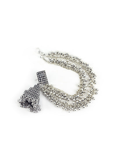 Silver Oxidised Jhumka Earring with Double Layer Ear Chain