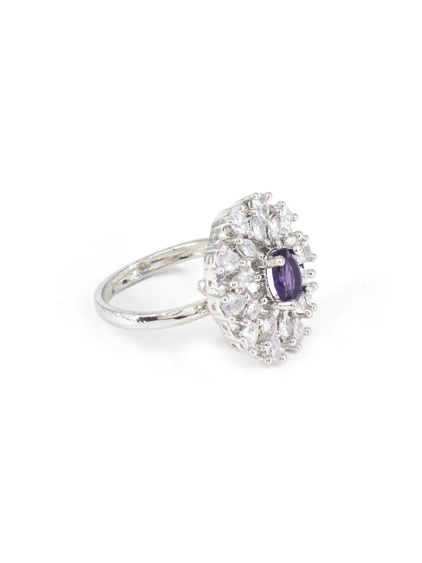 Silver Plated Purple AD Floral Adjustable Ring for Women