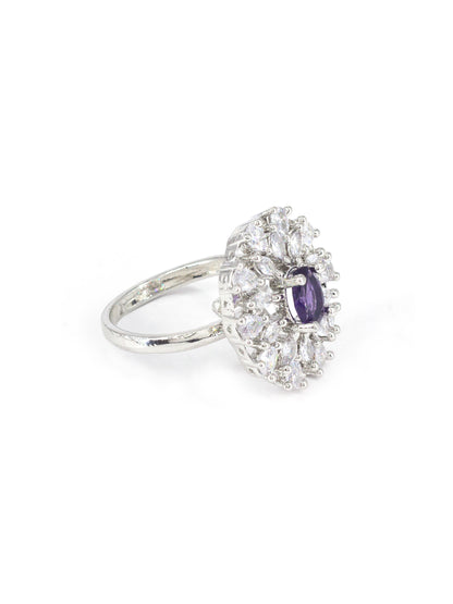 Silver Plated Purple AD Floral Adjustable Ring for Women