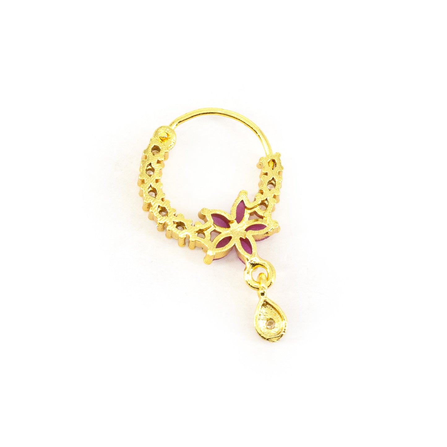 Gold Plated Red AD Floral Drop Nose Ring for Women