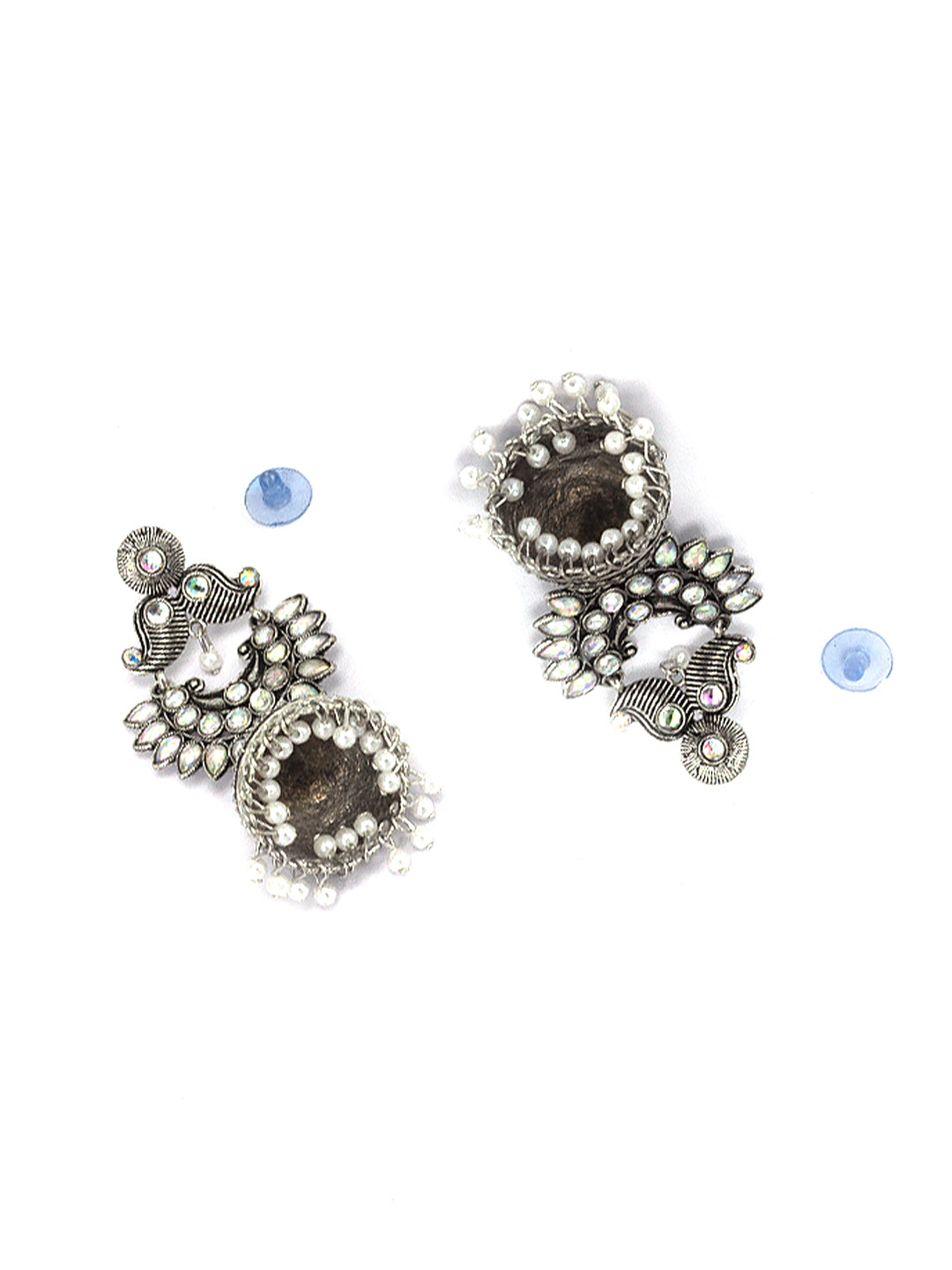 Silver Oxidised Floral & Artificial Beads Jhumka Earrings