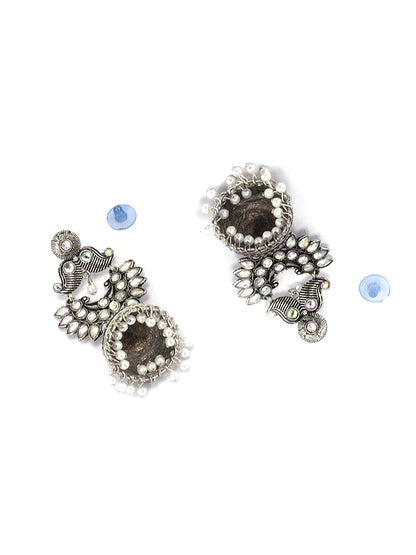 Silver Oxidised Floral & Artificial Beads Jhumka Earrings