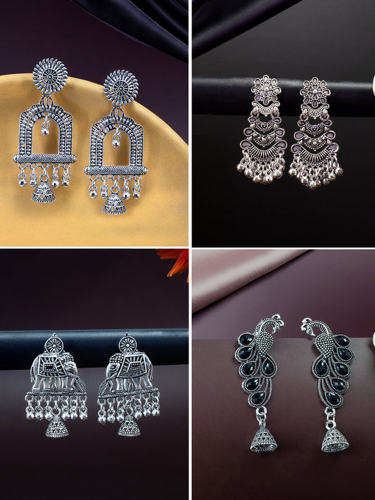 Set of 4 Floral, Peacock & Elephant Jhumki Earrings