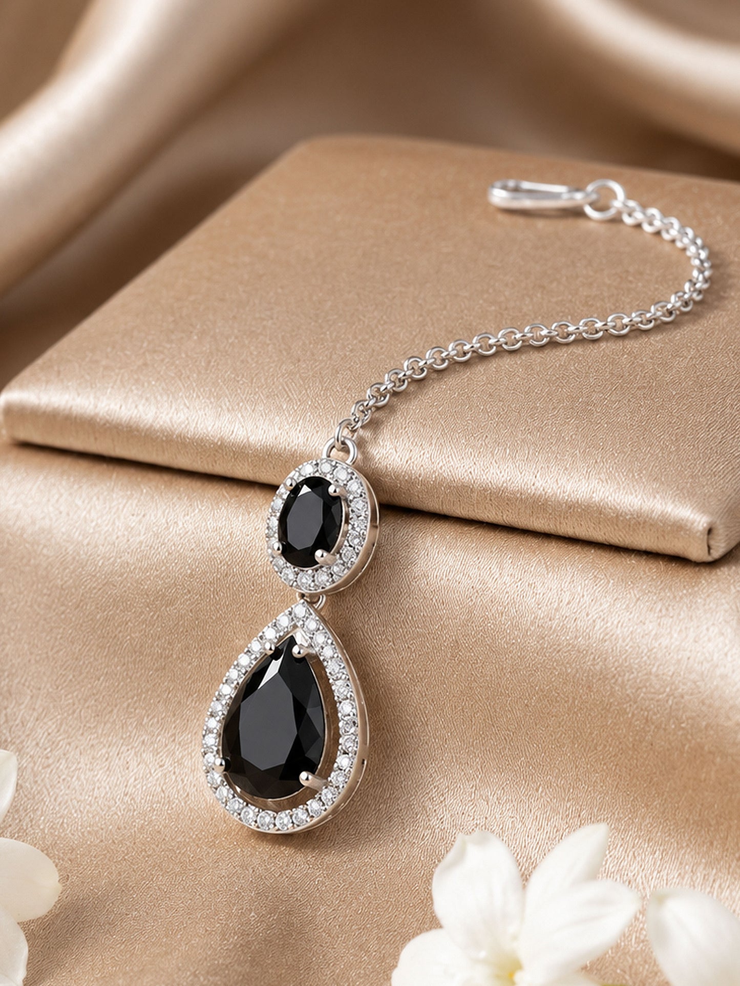 Silver Plated Black AD Maang Tikka for Women