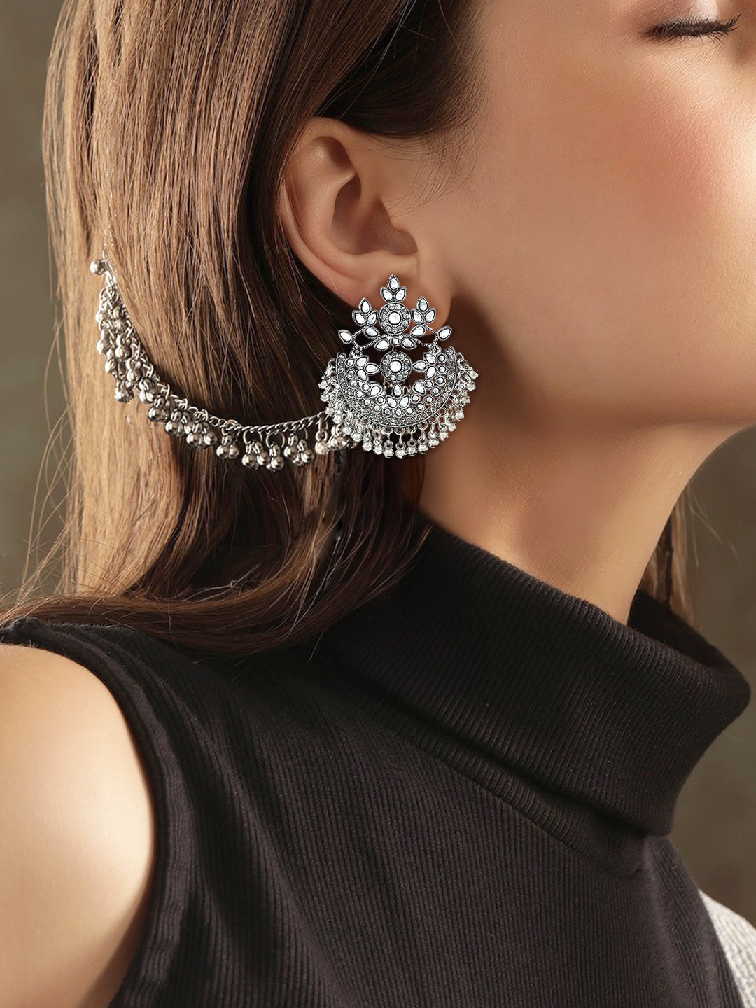 Silver-Oxidised Floral Chandbali Kundan Earrings With Ear Chain