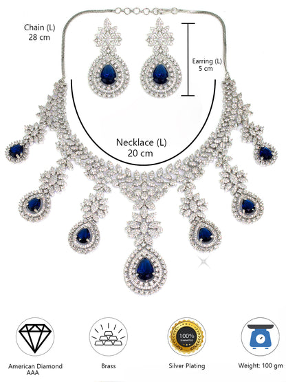 Rhodium-Plated Blue Statement AD-Studded Bridal Jewellery Set