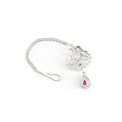 Rhodium Plated Pink AD Maang Tikka for Women
