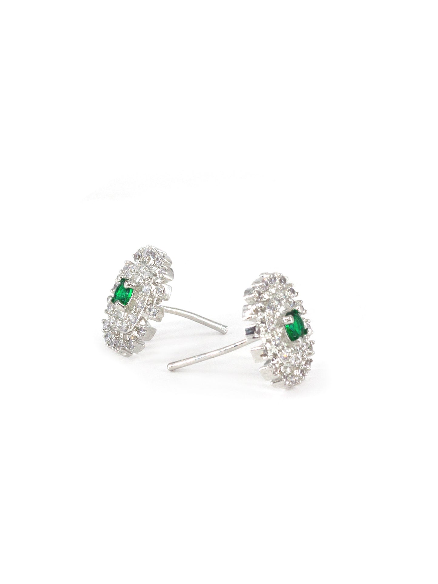 Silver Plated Green & White AD Studs For Women