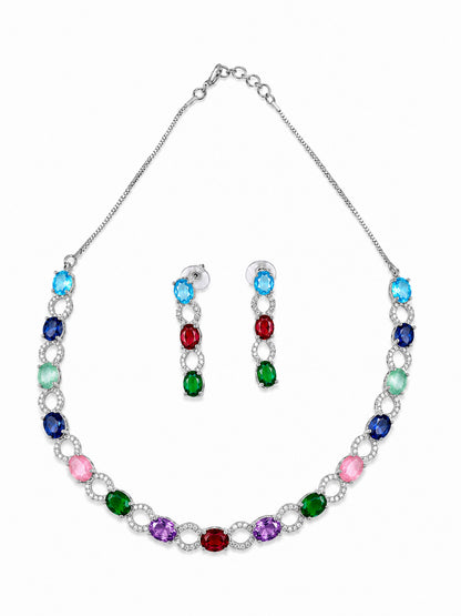 Silver Plated Multi Colour AD Choker Set for Women