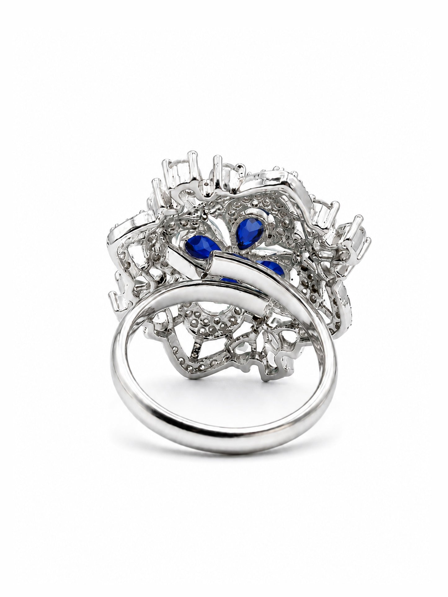 Rhodium Plated Blue AD Floral Finger Ring for Women