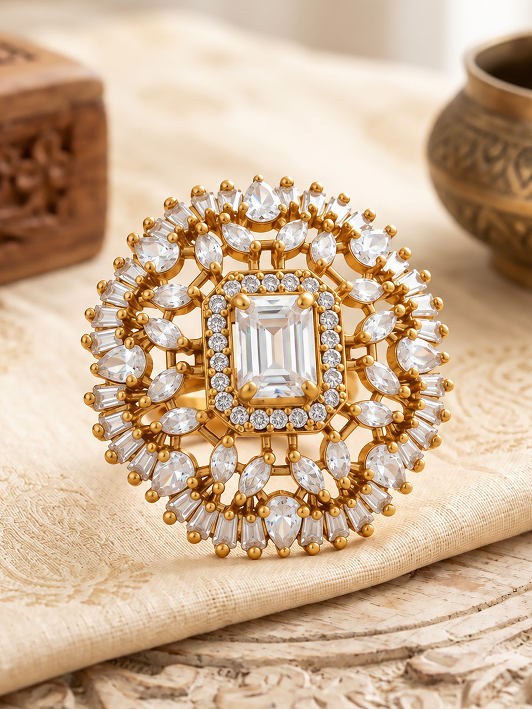 Antique Gold Plated AD Finger Ring for Women