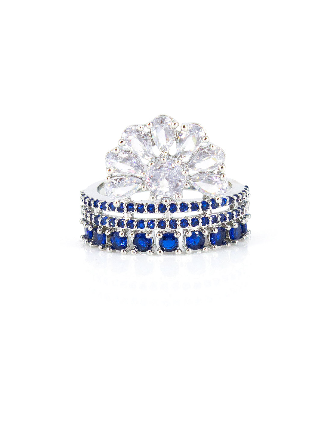 Silver-Plated American-Diamond Studded Floral Design Adjustable Finger Ring