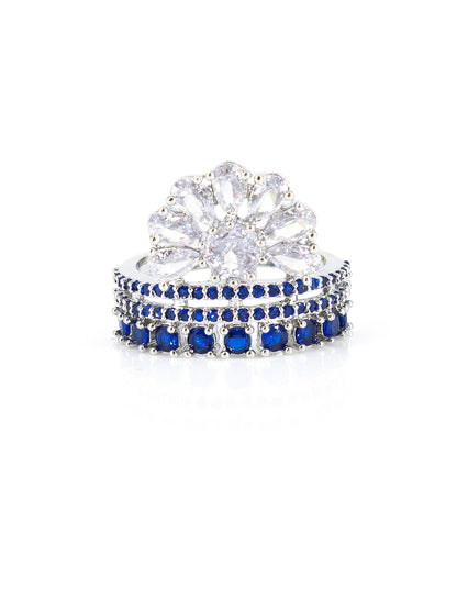 Silver-Plated American-Diamond Studded Floral Design Adjustable Finger Ring