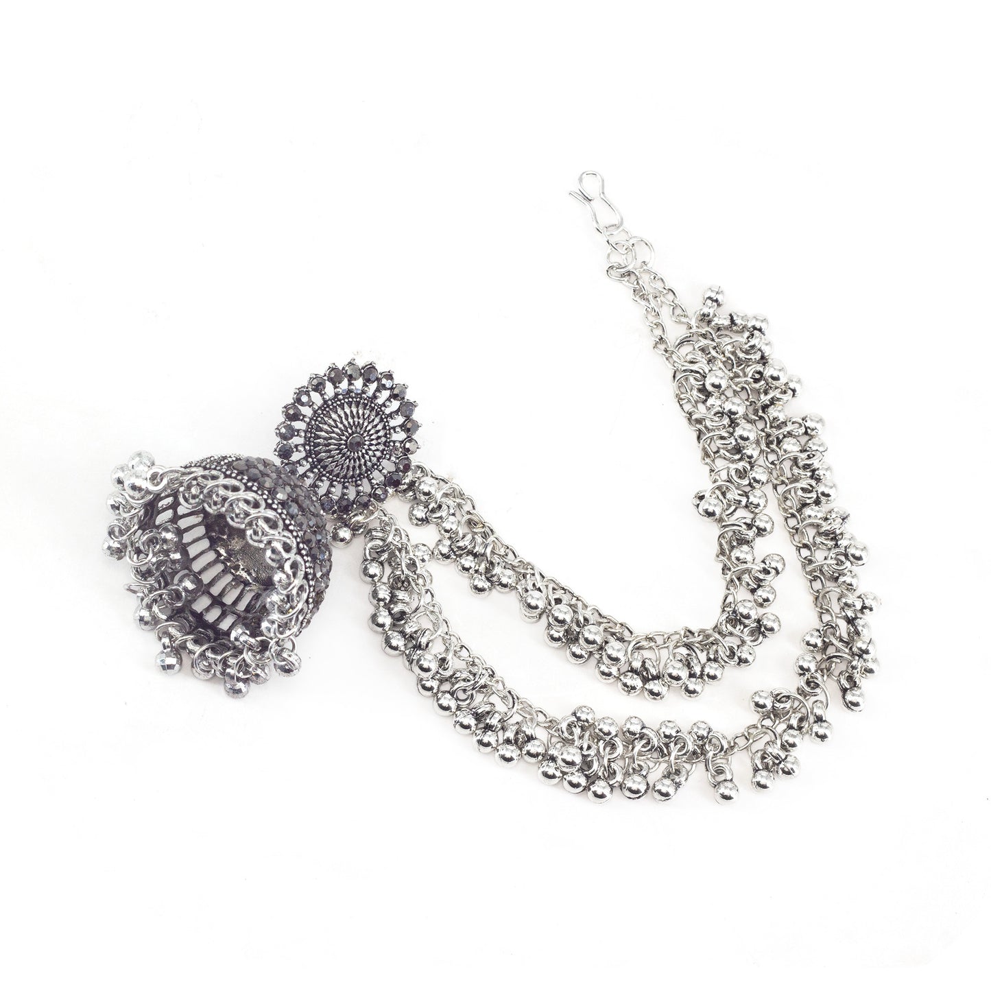 Silver Oxidised Jhumka Earring with Double Layred Chain for Women